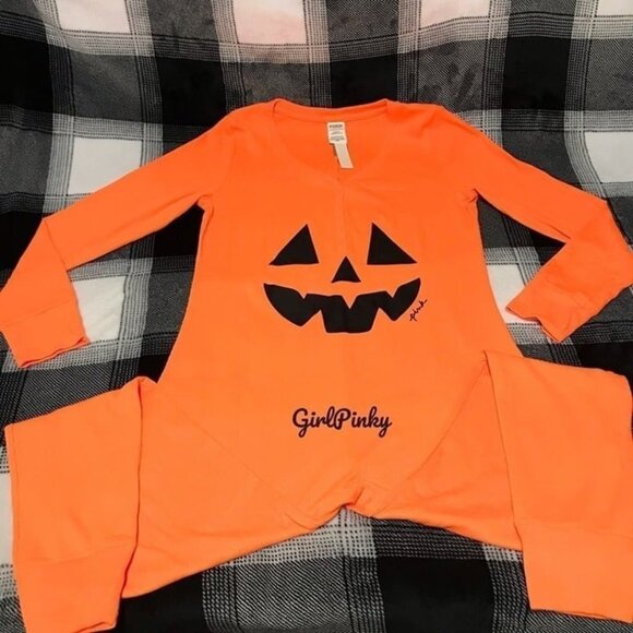 Victoria's Secret Pink JACK O LANTERN Onesie HALOGEN ORANGE HALLOWEEN MEDIUM - Picture 2 of 7